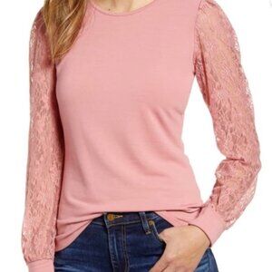 Rachel Parcell Dusty Rose Lace Sleeve Knit Top XS
